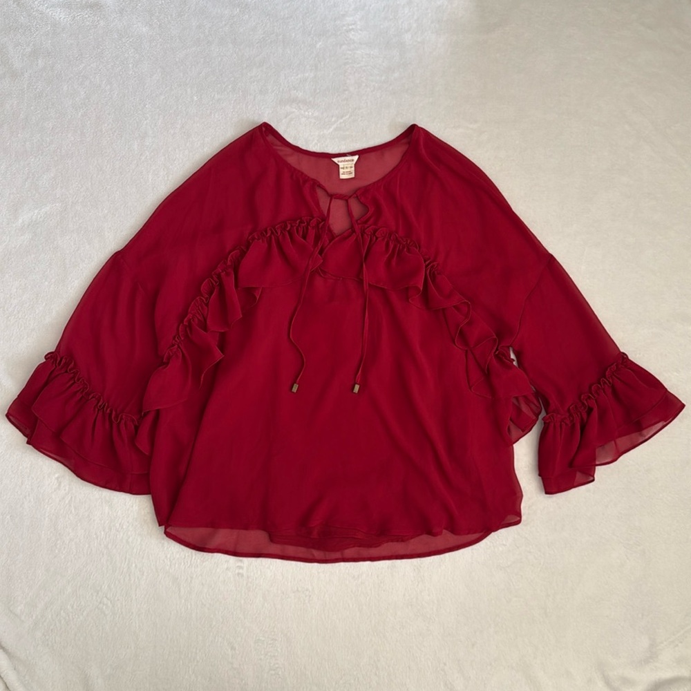 Sundance | Boho Sheer Ruffle Peasant Chiffon Blouse Cami Oversized Red (L 12-14)